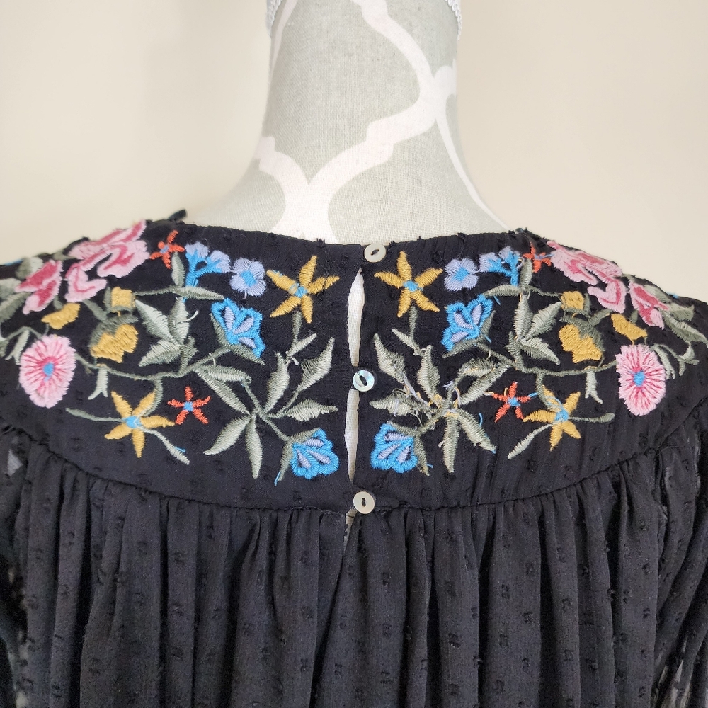 ZARA Trafaluc Black Embroidered Floral Long Sleeve Tassel Chiffon Top Boho XS - Picture 8 of 12
